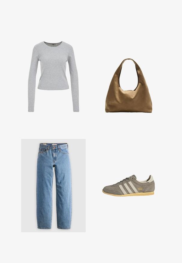 Grå langærmet skjorte lavet af en tekstureret bomuldsblanding, med en rund halsudskæring og en tætsiddende pasform. Ingen synlige mønstre eller udsmykninger.; Lysblå denim jeans med lige ben-design, fem lommer, lynlås og en subtil falmet tekstur. Klassisk stil med minimal hardware.; Grå ruskindsneaker med tre hvide striber, korte snørebånd og gummisål. Har gyldent "adidas JAPAN"-logo på siden.; Brun stof skuldertaske med en bred, rundet krop og et stort udsnit håndtag. Blød tekstur, minimalistisk design og ingen synlig hardware.