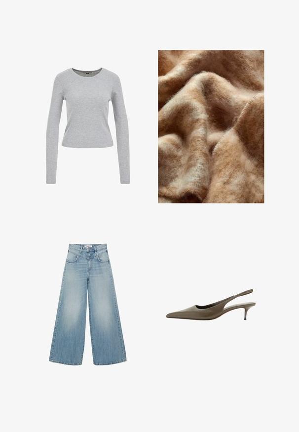 Grijze langwerpige shirt met lange mouwen, gemaakt van een gestructureerde katoenen mix, met een ronde halslijn en een aangesloten pasvorm. Geen zichtbare patronen of versieringen.; Lichtblauwe denim jeans met wijde pijpen, voorzakken, riemlussen en knoopsluiting, afgebeeld tegen een witte achtergrond.; Olijfgroene leren slingback schoen met puntige neus en lage kittenhak, zijaanzicht op een witte achtergrond.; Zacht, donzig lichtbruin stof met zichtbare vezels en subtiele plooien die zachte pieken en schaduwen creëren.