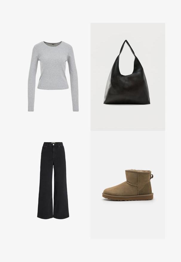 Grå langærmet skjorte lavet af en tekstureret bomuldsblanding, med en rund halsudskæring og en tætsiddende pasform. Ingen synlige mønstre eller udsmykninger.; Breddebenede sorte denimjeans med fem lomme-design, høj talje og knaplukning. Har diskret syninger og en ren finish.; Brune ruskind ankelstøvle med en blød, fuzzy foring, rund tå og en løkkeaccent bagpå. Flad gummisål med struktureret greb.; Sort skuldertaske i glat læder med en bred, enkelt strop og et afslappet, minimalistisk design mod en ensfarvet baggrund.