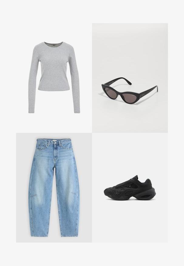 Grå langærmet skjorte lavet af en tekstureret bomuldsblanding, med en rund halsudskæring og en tætsiddende pasform. Ingen synlige mønstre eller udsmykninger.; Lyseblå denimjeans med en afslappet pasform, der har høj talje, lige ben og diskrete syninger på frontlommen.; Sort atletiksneaker med meshpaneler, tyk, polstret sål og lille swoosh-logo på siden, fotograferet mod en ensartet baggrund.; Cat-eye solbriller med en mat sort ramme og mørke linser, der har "vogue" branding på siden og en karakteristisk vinklet form.