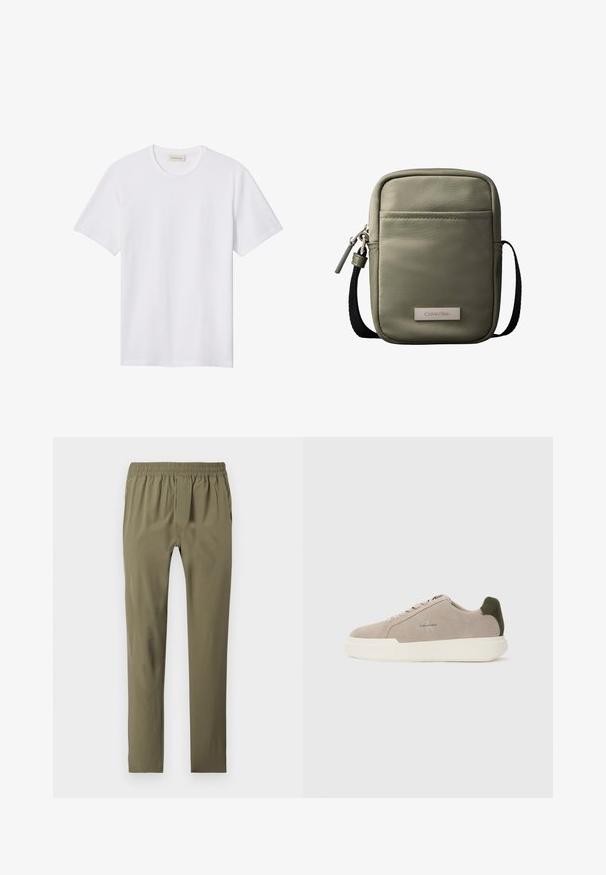 Effen wit T-shirt met korte mouwen en ronde hals, met een klein reliëflogo op de linkerborst en een merklabel binnenin de kraag.; Olijfgroene slim-fit broek met elastische tailleband, twee zijzakken en een voorflapsluiting, plat gelegd op een witte achtergrond.; Beige suède sneakers met een witte rubberen zool, voorzien van een donkergroene hielaccent en subtiele branding aan de zijkant.; Compact olijfgroene crossbodytas met voorvak, zwarte verstelbare band, ritssluiting en Calvin Klein logoplaatje.