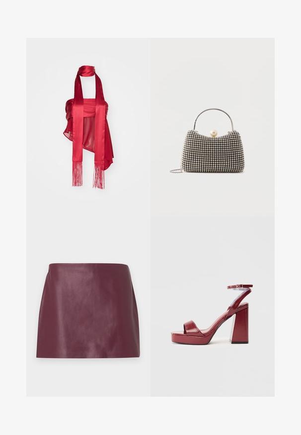 Haut en satin rouge avec un design froncé, comprenant de longues lanières à franges à l'avant et à l'arrière, et une texture lisse. Bretelles de cou réglables incluses.; Mini jupe en cuir bordeaux lisse avec une coupe droite et sans embellissements ni fermetures visibles.; Sandales à talons hauts bordeaux avec une finition en vernis brillant, large sangle à l'avant et sangle de cheville, dotées d'un talon carré épais et d'une plateforme.; Petit sac à main avec motif à carreaux argenté, poignée incurvée, grande fermeture à perle et une fine bandoulière en chaîne argentée sur un fond uni.