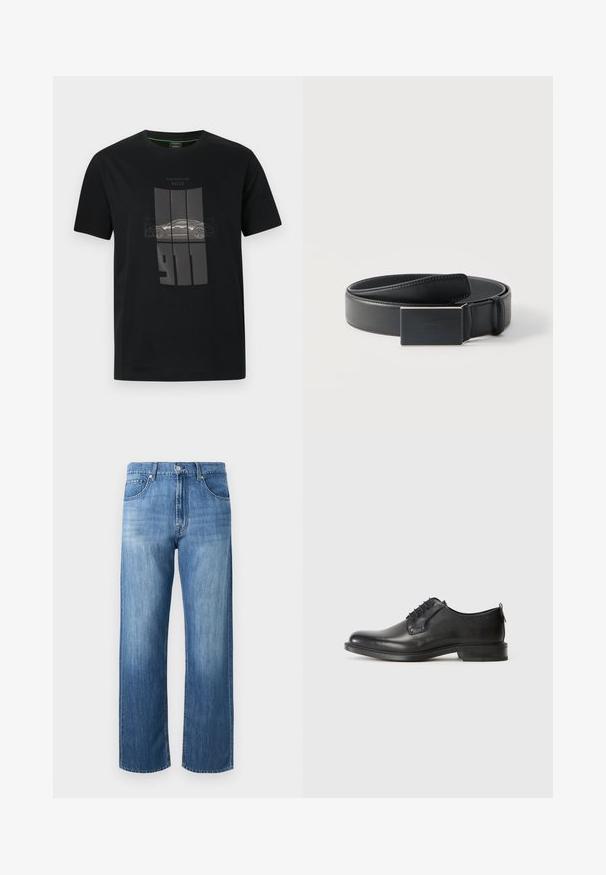 T-shirt noir avec graphisme Porsche 911 en gris, présentant une vue latérale de la voiture et le texte « Porsche BOSS » au-dessus du design.; Jean en denim bleu droit avec poches avant, passants pour ceinture, fermeture à boutons et zones légèrement décolorées sur les cuisses et les genoux.; Chaussure de ville pour homme en cuir noir à lacets, avec un petit talon et une finition lisse, présentée en profil latéral sur un fond clair et uni.; Ceinture en cuir noir enroulée avec une boucle noire mate rectangulaire et un logo embossé discret sur fond blanc.