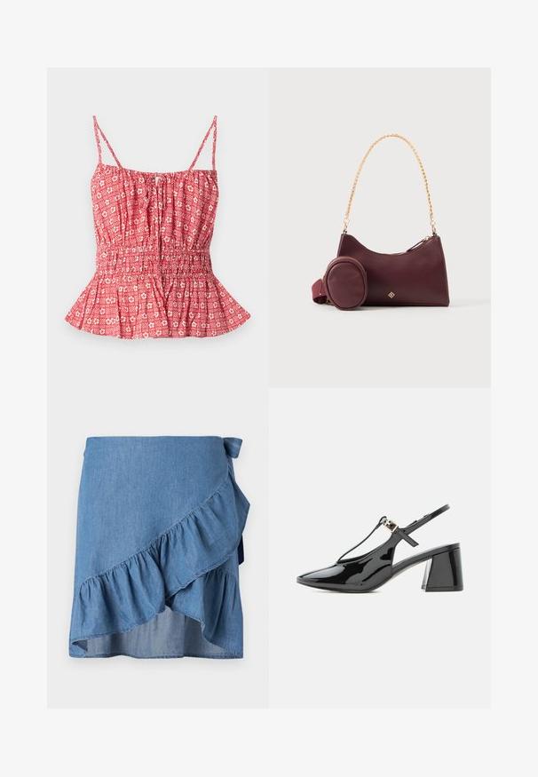 Haut rouge à motif avec des fines bretelles, présentant un buste froncé et un ourlet en peplum. Motif floral et rayé sur un tissu léger.; Jupe portefeuille en denim bleu clair, avec un ourlet à volants et un détail à nouer à la taille. Texture lisse et silhouette fluide.; Chaussure slingback en cuir verni noir à petit talon, bout pointu et bride en T avec une petite boucle dorée.; Sac à main bordeaux foncé avec une anse chaîne dorée et une pochette ronde détachable assortie sur fond uni.