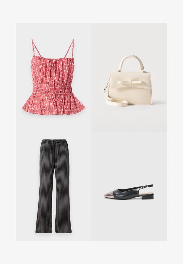Haut rouge à motif avec des fines bretelles, présentant un buste froncé et un ourlet en peplum. Motif floral et rayé sur un tissu léger.; Pantalons de pyjama rayés noir et blanc, avec une taille à cordon, des jambes larges et un tissu doux et texturé avec des lignes verticales.; Des chaussures slingback avec une tige en cuir noir, un bout pointu en métal rose doré et un petit talon carré. Texture lisse avec un design courbé.; Petit sac à main beige avec poignée supérieure, bandoulière amovible, rabat avant et nœud horizontal décoratif sur un fond uni.