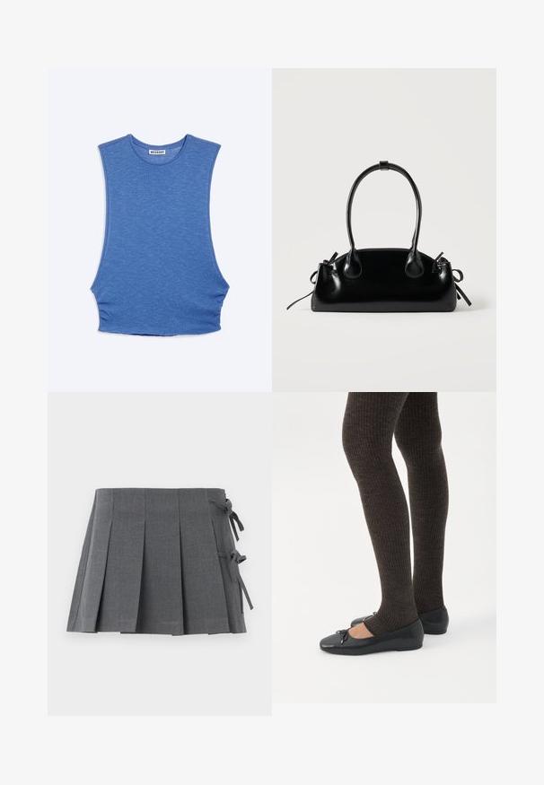 Haut tricoté bleu sans manches à col rond, emmanchures tombantes et étiquette "WEEKDAY" à l'intérieur du col.; Jupe mini plissée grise en tissu texturé, avec une fermeture à nouer sur un côté et une ceinture lisse pour plus de confort.; Jambes portant des leggings côtelés foncés associés à des ballerines noires avec de petits détails en nœud sur fond blanc.; Petit sac à main noir brillant avec deux longues anses et des détails à cordon sur les côtés sur un fond clair uni.