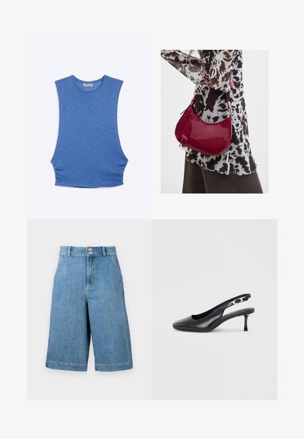 Haut tricoté bleu sans manches à col rond, emmanchures tombantes et étiquette "WEEKDAY" à l'intérieur du col.; Shorts en denim bleu taille haute à jambes larges, deux poches avant, passants de ceinture et fermeture à double bouton sur un fond uni.; Chaussure slingback noire en cuir à bout pointu avec un petit talon aiguille bas et une bride réglable à boucle sur un fond clair uni.; Femme portant un chemisier à motif noir et blanc tenant un sac à main rouge brillant sur un fond uni.