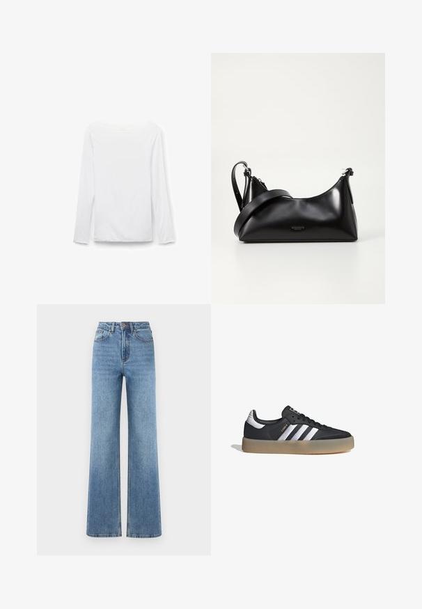 Camiseta blanca de manga larga con cuello barco, diseño liso, mostrada plana sobre un fondo blanco, vista frontal.; Jeans de mezclilla de corte ancho en azul claro con cintura alta, que presentan un cierre de botón, cuatro bolsillos y un dobladillo limpio con un ligero desgaste.; Zapatilla deportiva de cuero negro con tres rayas plateadas, punta texturizada y suela de goma. Cuenta con un collar acolchado y un diseño con cordones.; Bolso de mano de cuero negro con una textura suave. Cuenta con una correa ajustable y un diseño elegante y minimalista con cierre de cremallera.