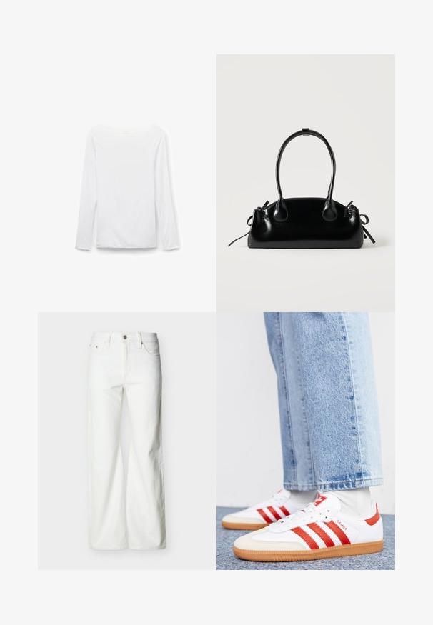 Weißes Langarmshirt mit Bootsausschnitt, schlichtes Design, flach liegend vor weißem Hintergrund dargestellt, Vorderansicht sichtbar.; Weiße Jeans mit hohem Bund und geradem Bein, vorne mit Knopf- und Reißverschluss sowie seitlichen und hinteren Taschen, vor einem schlichten hellen Hintergrund.; Weiße Leder Sneaker mit roten Streifen und Akzenten. Verfügt über eine strukturierte Gummi-Laufsohle und einen gepolsterten Schaft. Tragen mit hellblauer Jeans.; Kleine schwarze glänzende Handtasche mit zwei langen Griffen und seitlichen Kordelzug-Details vor einfachem hellem Hintergrund.