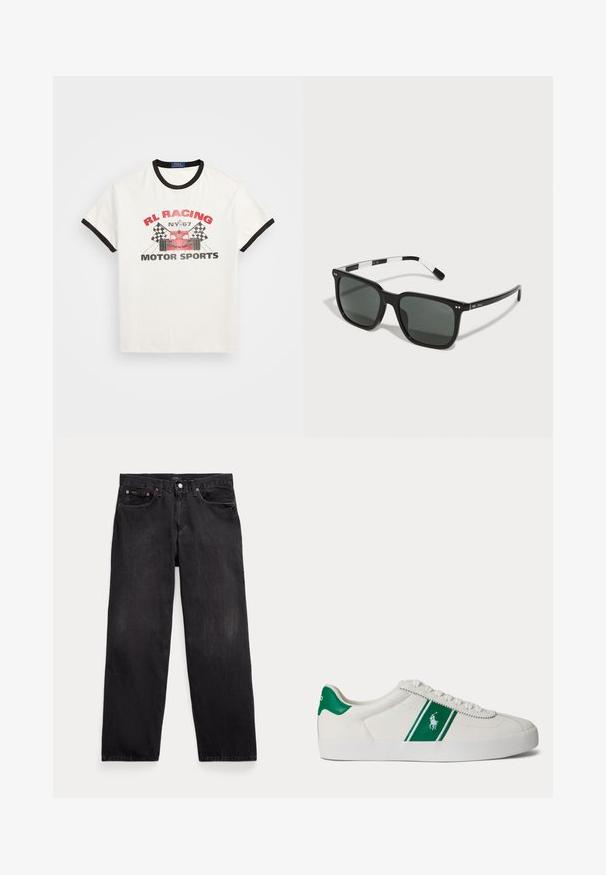 Hvid bomulds t-shirt med sort ringkant ved krave og ærmer. Har rød og sort grafisk print med en illustration af en racers bil og ternede flag.; Sorte denim jeans med lige ben, fem lommer, knaplukning og synlige metalnitter på forlommerne.; Hvid low-top sneaker med grøn stribe og Polo-logo på siden, grøn hæl-flik og hvide snørebånd, vist fra venstre side på ensfarvet baggrund.; Polo Ralph Lauren Solbriller - black/white