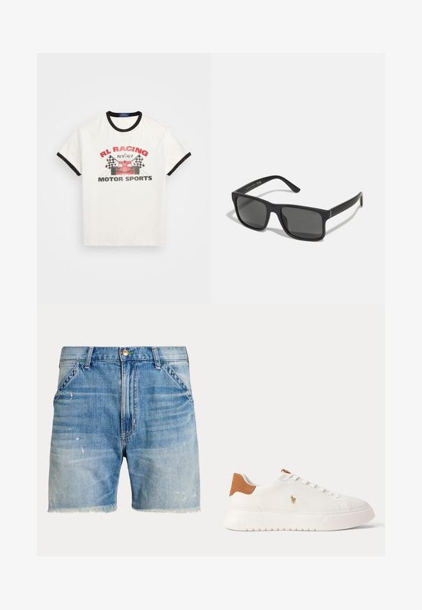 Weißes Baumwoll-T-Shirt mit schwarzem Ringkragen und Ärmeln. Mit rotem und schwarzem Grafikdruck, der eine Illustration eines Rennautos und Schachbrettflaggen zeigt.; Blaue Denim-Shorts mit fransigem Saum, haben eine ausgewaschene Optik, leichte Beschädigungen und ein Fünf-Taschen-Design mit einem metallic Knopfverschluss.; Weißer Sneaker mit niedrigem Schaft, beige Fersenlasche, weißen Schnürsenkeln und kleinem, besticktem Polospieler-Logo an der Seite über einer dicken Sohle.; Schwarze rechteckige Sonnenbrille mit dunklen Gläsern und matter Oberfläche. Enthält das eingeprägte "POLO"-Logo an den Bügeln und ein robustes Rahmendesign.