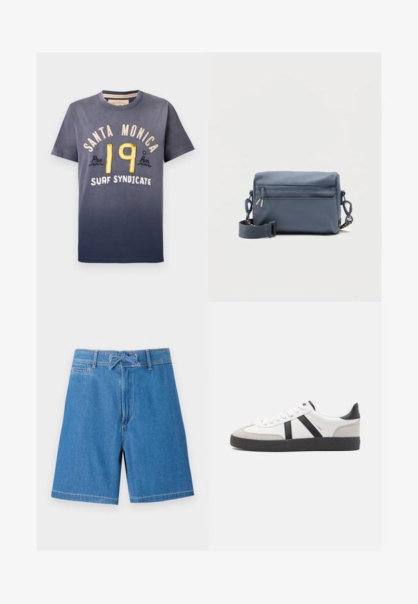 Marineblå bomulds T-shirt med gradienteffekt, med "SANTA MONICA" og "19" i gul og creme broderi, rund hals, korte ærmer.; Lysblå denimshorts med snoretræk i taljen, forlommer og kontraststikninger. Klassisk design, knælangt snit.; Hvide sneakers med sorte og grå detaljer, med en tekstureret grå tåhætte, sort gummisål og flade hvide snørebånd. Rent design, minimalistisk stil.; Blå rektangulær crossbody taske med front lynlåslomme og justerbar rem, sat mod en enkel hvid baggrund.