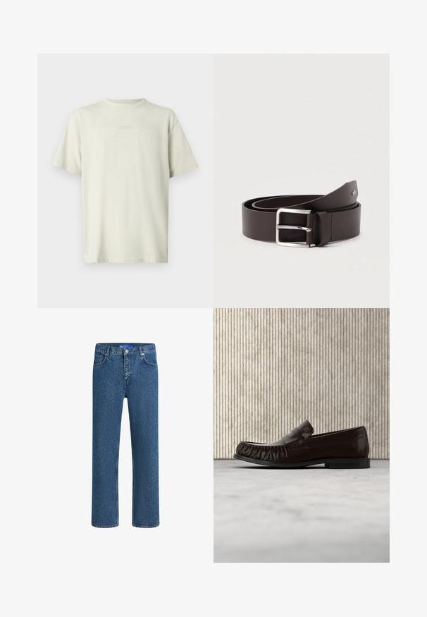 T-shirt beige clair en coton, avec un col rond et des manches courtes. Le mot "BOSS" est brodé en couleur ton sur ton discrète.; Jean en denim bleu avec une coupe droite, des poches avant et une fermeture éclair. Le tissu présente un lavage classique avec un léger dégradé et des détails de couture.; Mocassin en cuir marron foncé avec des détails cousus, flottant au-dessus d'un tapis beige, avec une table ronde brillante de couleur ambre en arrière-plan.; Ceinture en cuir marron avec une finition lisse, équipée d'une boucle rectangulaire en métal argenté et d'un détail de couture contrastante.