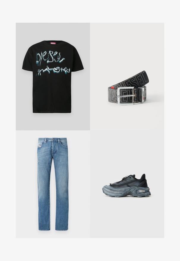 Μαύρο βαμβακερό T-shirt με εντυπωσιακό λογότυπο σε λευκό και μπλε με εφέ σταγόνων. Λαιμόκοψη τύπου crew και κοντά μανίκια.; Ανοιχτό μπλε τζιν με ίσια γραμμή, διαθέτει κλείσιμο με κουμπιά, πέντε τσέπες και διακριτικές ραφές στις πίσω τσέπες.; Μαύρο και γκρι sneaker Diesel με παχιά σόλα, σύρμα κορδονιού και υφή σε απλό ανοιχτό γκρι φόντο.; Μαύρη ζώνη Diesel με μεγάλο λευκό λογότυπο, ορθογώνια ασημένια αγκράφα και μεταλλική λεπτομέρεια με χαρακτηριστικό σήμα, τυλιγμένη σε ανοιχτό φόντο.
