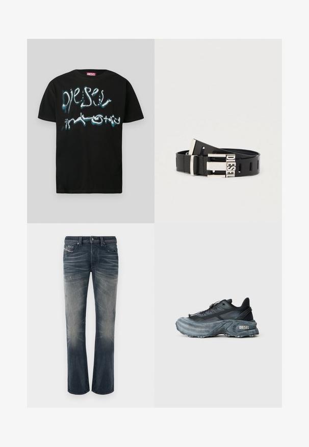 T-shirt en coton noir avec un logo graphique proéminent en blanc et bleu, effet goutte. Encolure ronde et manches courtes.; Jean droit en denim bleu foncé délavé avec des sections effacées, des plis subtils et des détails usés. Fermeture par bouton avec cinq poches.; Baskets Diesel noires et grises avec semelle épaisse, système de laçage à bascule et design texturé sur fond gris clair uni.; Ceinture en cuir noir avec boucle métallique argentée portant le mot "DIESEL." La ceinture comporte plusieurs trous d'ajustement tout au long de sa longueur.