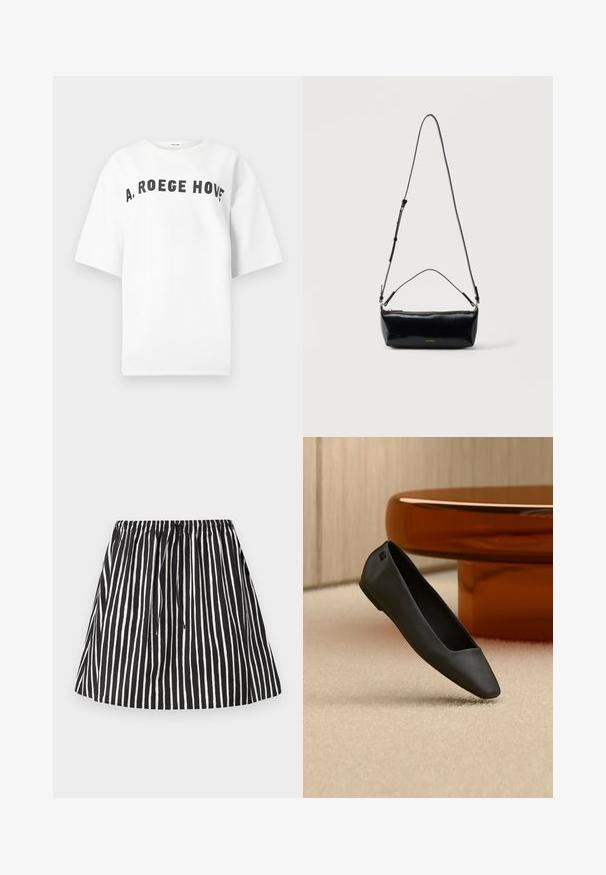 Λευκό T-shirt με κοντό μανίκι, με μαύρο κυρτό κείμενο «A. ROEGE HOVE» τυπωμένο στο στήθος, εμφανιζόμενο σε απλό φόντο.; Μαύρη και λευκή φούστα με κάθετες ρίγες, ελαστική μέση με κορδόνι, καμπάνα σε σιλουέτα.; Μαύρο, μυτερό, φλατ παπούτσι ακουμπάει σε μπεζ χαλί κοντά σε στρογγυλό τραπέζι κεχριμπαρένιου χρώματος σε έναν μινιμαλιστικό χώρο.; Μαύρη ορθογώνια δερμάτινη τσάντα χιαστί με ρυθμιζόμενο λουράκι ώμου, επάνω φερμουάρ και μικρό χρυσό λογότυπο Calvin Klein στο μπροστινό μέρος.