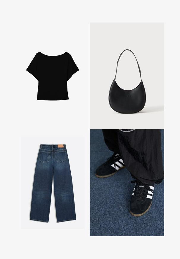 Sort kortærmet bluse med bred bådudskæring og løs pasform, vist mod en hvid baggrund.; Mørkeblå vidbenede denimjeans med to baglommer og et brunt læderbrandmærke i linningen.; Sorte suedetrainingssko med tre hvide striber og sorte snørebånd. Et tekstureret sort bukser er delvist synligt ved siden af skoene.; Sort læder skuldertaske i halvmåneform med en enkelt rem og diskret præget brandnavn på en ensartet lys baggrund.