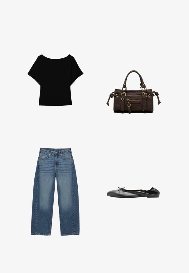 Sort kortærmet bluse med bred bådudskæring og løs pasform, vist mod en hvid baggrund.; Bredde ben blå jeans lavet af denim, med et klassisk fem-lomme design, i en falmet vask og tonede syninger.; Sort læder balletsko med en lille sløjfe foran og en let samlet søm bagpå, vist fra siden på hvid baggrund.; Mørkebrun læderhåndtaske med dobbelte håndtag, forreste lynlåslomme, dekorative spænder og sideknuder på hvid baggrund.