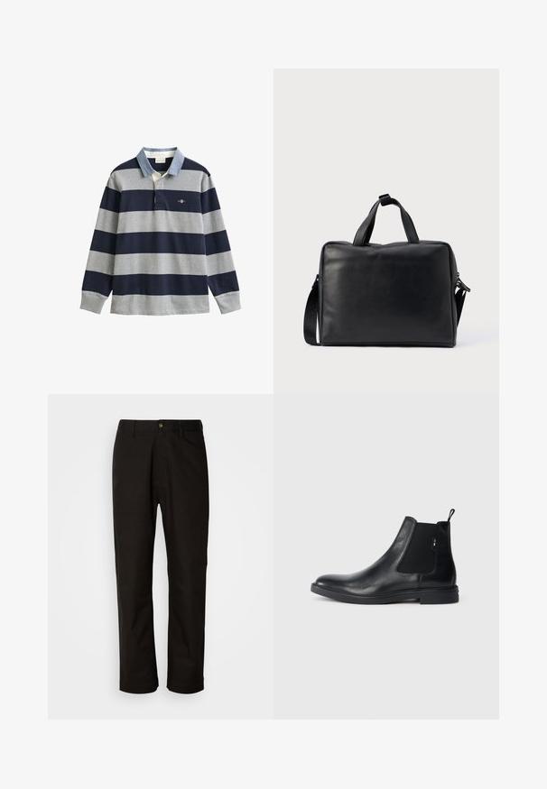 Maillot de rugby à manches longues avec larges rayures horizontales bleu marine et grises, col bleu clair et petit logo sur la poitrine gauche.; Pantalon en coton noir avec une coupe droite, des passants de ceinture, une fermeture éclair à l'avant et un seul bouton. Texture lisse sans motifs visibles.; Bottines Chelsea en cuir noir avec des panneaux élastiques sur les côtés, une languette arrière et une semelle en caoutchouc plate. Texture lisse avec un minimum de détails.; Sac de voyage en cuir noir de forme rectangulaire, avec deux poignées, une bandoulière amovible et des ornements minimalistes.