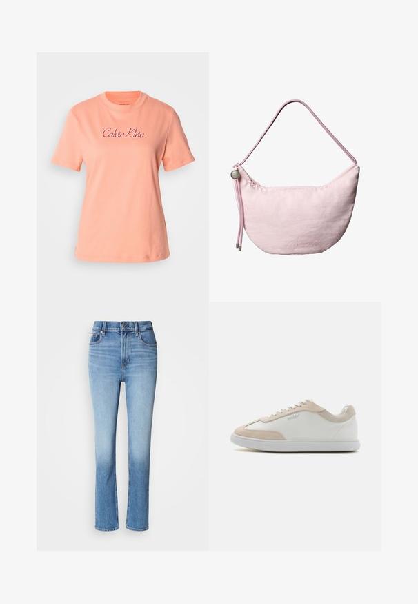 Broský bavlnený tričko s krátkymi rukávmi, okrúhlym výstrihom a vyšitým logom "Calvin Klein" v ružovej farbe. Hladká textúra a uvoľnený strih.; Modré denimové džínsy s vysokým pásom, priamym strihom, vyblednutým farebným prechodom a piatimi vreckami. Kovový gombík a zips na zapínanie.; Biele kožené tenisky s béžovými semišovými akcentmi a bielymi šnúrkami. Majú okrúhlu špičku a mäkkú podrážku pre pohodlie.; Mäkká ružová ramenná taška v tvare polmesiaca s nastaviteľným popruhom zo šnúry, kovovým zarážkou a nenápadným vyrazeným logom „cK“ na prednej stredovej časti.