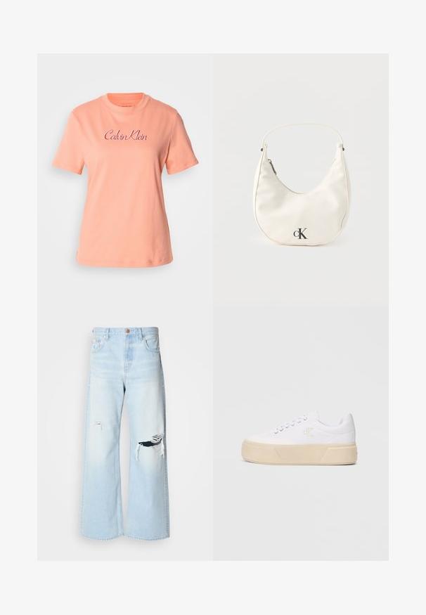 Pfirsichfarbene Baumwoll-T-Shirt mit kurzen Ärmeln, rundem Ausschnitt und gesticktem "Calvin Klein"-Logo in Pink. Glatte Textur und lässige Passform.; Helle blaue, weit geschnittene Jeans aus Denim mit hoher Taille, großen Rissen an den Knien und einem klassischen Fünf-Taschen-Design mit kupferfarbenen Beschlägen.; Weiße Leinenschuhe mit einer massiven beigefarbenen Plattformsohle, die ein dezentes gesticktes Logo an der Seite und ein klassisches Schnürdesign aufweisen.; Kleine weiße halbmondenförmige Handtasche mit kurzem Trageriemen, Reißverschluss und schwarzem "cK"-Logo auf der Vorderseite.