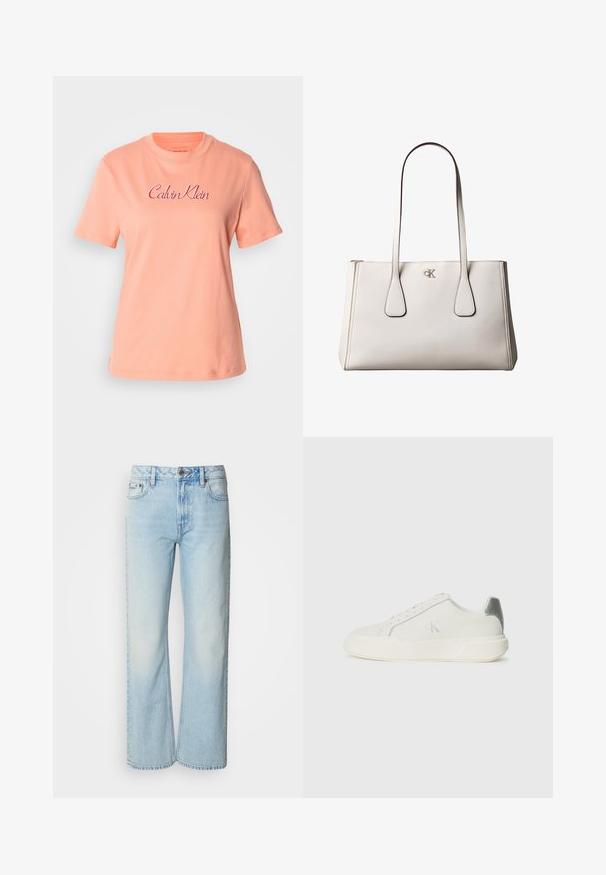 Pfirsichfarbene Baumwoll-T-Shirt mit kurzen Ärmeln, rundem Ausschnitt und gesticktem "Calvin Klein"-Logo in Pink. Glatte Textur und lässige Passform.; Helle blaue weit geschnittene Jeans aus Denim, mit einem klassischen Fünf-Taschen-Design und einer dezenten, gewaschenen Textur. Die Denim-Nähte sind sichtbar.; Weißer Sneaker aus Leder mit glatter Textur, ausgestattet mit einem silbernen Akzent an der Ferse, flacher Sohle und minimalistischem Design.; Elfenbeinfarbene Lederhandtasche von Calvin Klein mit doppelten Schulterriemen und silbernem CK-Logo auf der Vorderseite, rechteckige Form mit sauberer Naht.