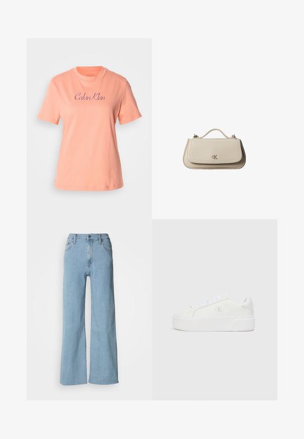 Broský bavlnený tričko s krátkymi rukávmi, okrúhlym výstrihom a vyšitým logom "Calvin Klein" v ružovej farbe. Hladká textúra a uvoľnený strih.; Svetlomodré široké džínsy vyrobené z denimu, s upnutým pásom, piatimi vreckami a jemnými švovými detailmi.; Biele platformové tenisky s hladkým koženým zvrškom, zaoblenou špičkou, bielymi šnúrkami a jemným detailom loga na boku. Plochá gumová podrážka.; Malá béžová kožená kabelka s horným držadlom a strieborným logom CK na prednej chlopni, zobrazená na bielom pozadí.
