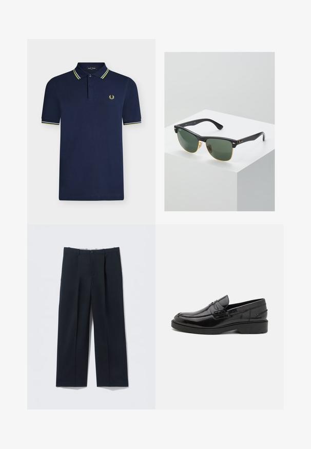 Polo bleu marine à manches courtes avec patte à deux boutons, col et poignets rayés, et petit logo laurier jaune sur la poitrine.; Pantalon bleu marine foncé en tissu lisse, avec une coupe ajustée, deux poches avant et une fermeture par bouton.; Mocassins en cuir noir avec une finition lisse, un bout rond, un petit talon et descoutures décoratives à l'avant. Semelle en caoutchouc pour l'adhérence.; Lunettes de soleil Ray-Ban avec des verres verts, monture en plastique noir et accents dorés sur les bords. Forme carrée avec une finition mate.