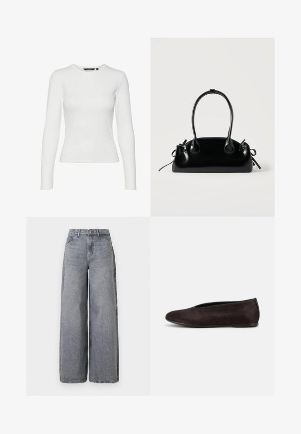 Hvid langærmet skjorte lavet af ribbet stof, med rund halsudskæring og tætsiddende design. Ingen mønstre eller accenter synlige.; Bredde ben denim jeans i en falmet grå vask, med fem lommer, en knaplukning og en blød tekstur med subtile fældningsdetaljer.; Sort flad sko med rundet tå og lav hæl, med en glat, let tekstureret overflade og et enkelt slip-on design.; Lille sort blank håndtaske med to lange håndtag og snøre-detaljer i siden på en ensfarvet lys baggrund.