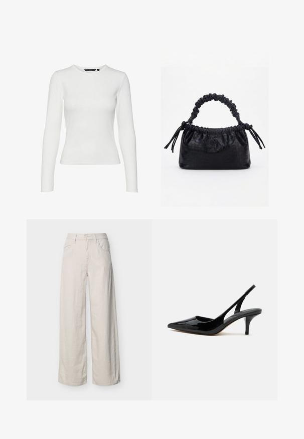 Chemise blanche à manches longues en tissu côtelé, dotée d'un col rond et d'une coupe ajustée. Aucun motif ni accent visible.; Pantalon large taille haute couleur blanc cassé, avec poches avant, passants pour ceinture, fermeture par bouton et braguette zippée.; Chaussure slingback en cuir verni noir avec talon kitten, bout pointu et talon bas et fin sur fond blanc.; Sac à main noir avec texture crocodile, bord supérieur froncé, poignée plissée et pompons à cordon de chaque côté sur fond blanc.