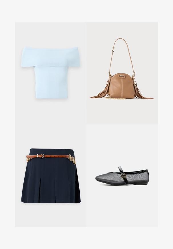 Haut bleu clair en tricot côtelé, épaules dénudées, avec un large col replié et un corps ajusté, sur un fond uni.; Jupe plissée bleu marine avec une fine ceinture marron et des ornements floraux dorés sur les côtés.; Chaussure plate Mary Jane en mesh noir avec bride brillante et boucle dorée en forme de cœur, petit talon et bout arrondi sur fond uni.; Petit sac à bandoulière en cuir fauve avec longue bandoulière, détail chaîne dorée et franges des deux côtés sur un fond neutre.