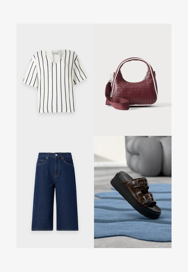 Top blanco de manga corta con escote en V, presenta rayas verticales negras y un patrón de punto texturizado. Etiqueta de la marca visible dentro del cuello.; Pantalones cortos de mezclilla azul oscuro con corte relajado, que cuentan con cierre de botón, bolsillos frontales y diseño de pierna recta. Accentos cosidos en color contrastante.; Sandalia de cuero marrón tipo slide con dos hebillas ajustables plateadas sobre una suela de plataforma negra, descansando sobre una alfombra azul texturizada.; Bolso de mano de cuero tejido color granate con asa curva, ribete blanco, cremallera plateada y correa desmontable de tela ancha para el hombro sobre fondo liso.