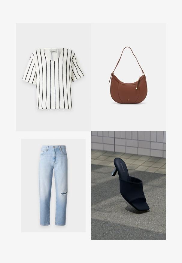 Hvid kortærmet top med V-hals, prydet med sorte lodrette striber og et struktureret strikket mønster. Mærkeetiketten er synlig indeni kraven.; Lyseblå denimjeans med en afslappet pasform, der har et rip på venstre knæ og let falmede detaljer over det hele. Klassisk fem-lomme design.; Sort åben tå mule med blokhæl og firkantet tå, mærket "EVEN&ODD," placeret på gråt fortov nær flisebelagt væg.; Brun faux læder skuldertaske med buet form, minimal syning og en guldtonet hardwaredetalje. Har en top lynlåslukning og justerbar rem.