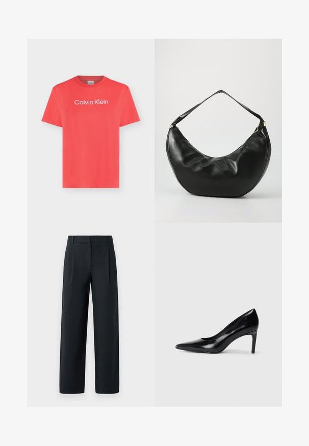 T-shirt corail à manches courtes avec col rond et logo blanc « Calvin Klein » centré sur la poitrine sur un fond clair uni.; Pantalon noir ajusté avec une coupe droite, présentant des plis avant, une texture lisse et des passants de ceinture. Pas de poches visibles.; Chaussure à talon haut en cuir noir avec un bout pointu, texture lisse et un talon effilé. Design minimaliste, sans embellissements supplémentaires.; Sac à épaule en cuir noir, de forme courbée, avec une texture douce et une seule sangle; il comporte une fermeture éclair dorée et un logo discret.