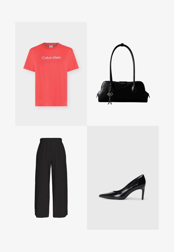 T-shirt corail à manches courtes avec col rond et logo blanc « Calvin Klein » centré sur la poitrine sur un fond clair uni.; Pantalon noir taille haute à jambes larges avec un devant épuré et des détails subtils de coutures, réalisé dans un tissu lisse.; Chaussure à talon haut en cuir noir avec un bout pointu, texture lisse et un talon effilé. Design minimaliste, sans embellissements supplémentaires.; Sac à main en cuir noir Calvin Klein avec de longues anses, une étiquette logo à l'avant et un charme géométrique argenté suspendu à une anse.