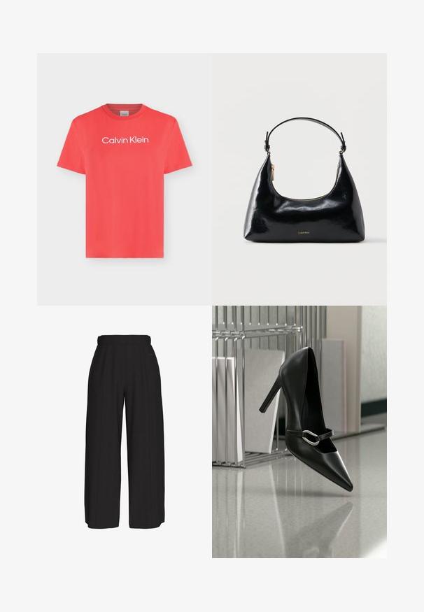 T-shirt corail à manches courtes avec col rond et logo blanc « Calvin Klein » centré sur la poitrine sur un fond clair uni.; Pantalon noir taille haute à jambes larges avec un devant épuré et des détails subtils de coutures, réalisé dans un tissu lisse.; Chaussure à talon haut noire pointue avec une bride à boucle argentée, placée sur une surface réfléchissante près d’un organiseur métallique contenant des papiers.; Sac à main Calvin Klein noir brillant avec fermeture éclair dorée et anse courte sur fond blanc uni.