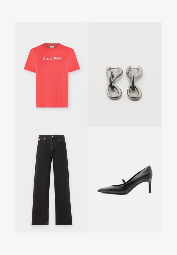 T-shirt corail à manches courtes avec col rond et logo blanc « Calvin Klein » centré sur la poitrine sur un fond clair uni.; Jeans noirs à jambes larges en denim, avec une taille haute, une coupe à cinq poches et une fermeture à bouton en métal avec des coutures contrastantes.; Escarpin noir en cuir à bout pointu avec une fine bride et une boucle sur le cou-de-pied, posé sur un fond clair neutre.; Paire de boucles d'oreilles en métal argenté avec un motif abstrait d'anneaux entrelacés sur fond blanc.