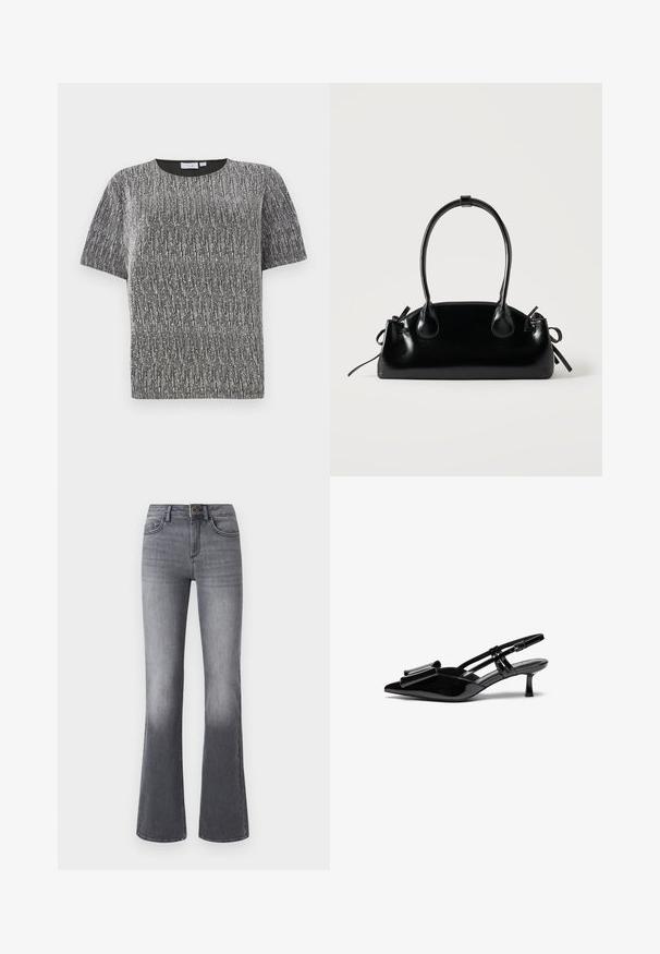 Top de punto texturizado negro y plateado metálico de manga corta, con cuello redondo y corte ajustado.; Jeans acampanados de tiro alto en denim gris oscuro, con bolsillos frontales, cierre de botón y un sutil desgaste hacia el dobladillo.; Zapatos de tacón slingback de charol negro con punta afilada, detalle de lazo en el frente y un pequeño tacón de aguja. Las correas tienen hebillas ajustables.; Pequeño bolso negro brillante con dos asas largas y detalles de cordón lateral sobre un fondo claro liso.