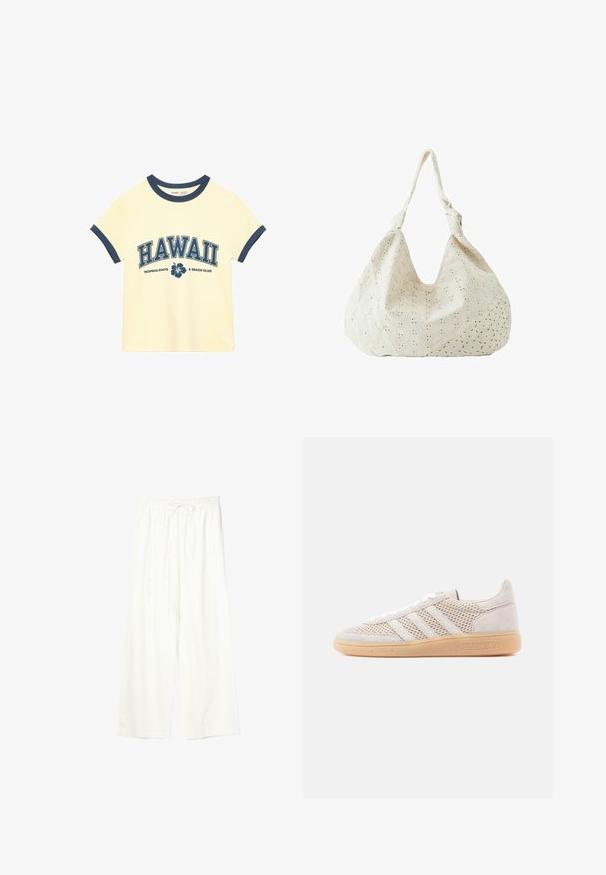 T-shirt court crème avec bordure bleu marine au col et aux manches, avec le texte « HAWAII Tropical Roots & Beach Club » et un motif de fleur d'hibiscus.; Pantalon blanc à jambes larges avec taille élastique et cordon de serrage, en tissu léger.; Baskets en daim beige clair avec détails en mesh, trois bandes blanches et semelle en caoutchouc gomme. Dotées d'une fermeture à lacets et d'accents de marque.; Sac à épaule en tissu couleur crème avec broderie florale à œillets et une seule bandoulière souple.