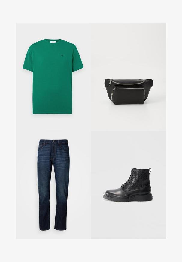 Groene korte mouwen T-shirt met ronde hals met klein zwart "cK" logo geborduurd op de linkerborst, effen achtergrond.; Donkerblauwe rechtse jeans met vervaagde horizontale lijnen op de dijen, een sluiting met voorknop en een klassieke vijf-pocketontwerp.; Zwarte leren enkellaarsjes met een gequiltde textuur, ronde neus, vetersluiting aan de voorkant en een stevige rubberen zool. Aangevuld met een hiel tab.; Zwarte leren heuptas met twee ritscompartimenten, gladde textuur, ronde vorm en een op de voorkant gegraveerd logo. Accenten van zilverkleurig beslag.