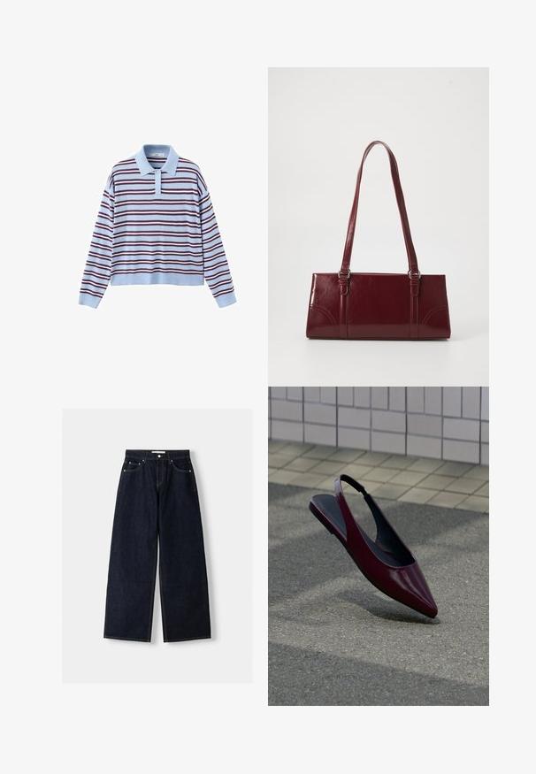 Polo à manches longues bleu clair avec des rayures horizontales bordeaux, des poignets et un ourlet côtelés, et un col à patte à deux boutons.; Jean large en denim bleu foncé à taille haute, avec cinq poches, des coutures contrastées et des éléments en métal argenté. Texture lisse et finition soignée.; Chaussure plate slingback en cuir verni marron avec bout pointu flottant au-dessus d'un trottoir texturé près d'un mur carrelé.; Sac à main bordeaux en matériau brillant, de forme rectangulaire, avec deux anses et des accents légèrement courbés à l'avant.