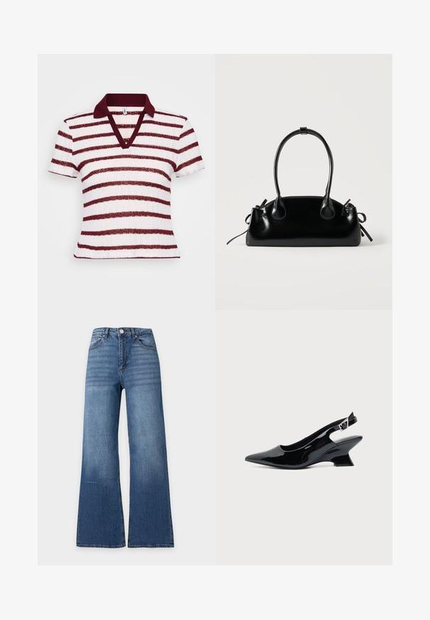 Polo rayé avec un décolleté en V profond, des manches courtes et un col bordeaux. Il présente des rayures larges blanches et bordeaux alternées dans un tissu texturé.; Jean en denim bleu taille haute avec jambes larges, bouton sur le devant, fermeture éclair et design classique cinq poches sur un fond clair uni.; Chaussure slingback en cuir verni noir avec bout pointu et petit talon bloc incliné sur fond clair uni.; Petit sac à main noir brillant avec deux longues anses et des détails à cordon sur les côtés sur un fond clair uni.