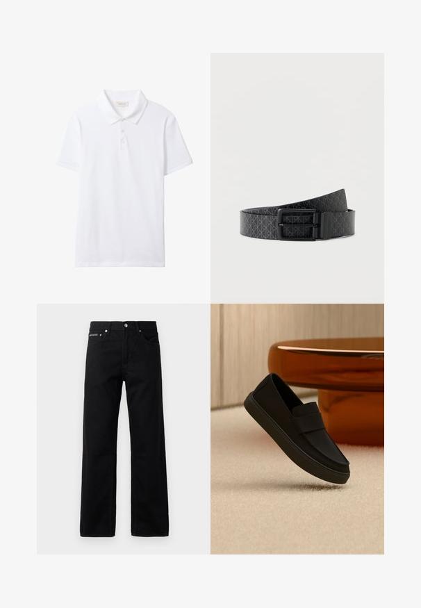 Valge lühikeste varrukatega polosärgi krae ja kolme nupuga nööbiliist, lihtsa esikülje ja väikese Calvin Klein Jeans sildiga krae sees.; Mustad denim püksid sirge säärega disainiga, viie taskuga ja logo sildiga ees, metallist detailide ja sileda tekstuuriga.; Mustad slip-on tennisejalats hõljumas beeži vaiba kohal, taustal on läikivate pruunide ümarate mööbliesemete taust.; Mustast nahast vöö korduva peene geomeetrilise mustriga ja mati musta ristkülikukujulise pandlaga, mähitud valgel taustal.