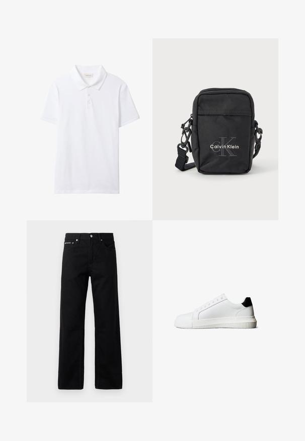Biela polokošeľa s krátkym rukávom, golierom a tromi gombíkmi, jednoduchý predok a malá nálepka Calvin Klein Jeans vo vnútri goliera.; Čierne denimové nohavice s rovnými nohavicami, piatimi vreckami a štítkom s logom na prednej strane, s kovovými prvkami a hladkou textúrou.; Biele kožené tenisky s čiernym akcentom na päte, vybavené plochými šnúrkami, zaoblenou špičkou a rebrovanou gumovou podrážkou pre lepšiu priľnavosť.; Čierna látková crossbody taška so zipsovým uzáverom, nastaviteľným popruhom a vyrazeným logom "Calvin Klein" na prednej strane. Kompaktný obdĺžnikový tvar.