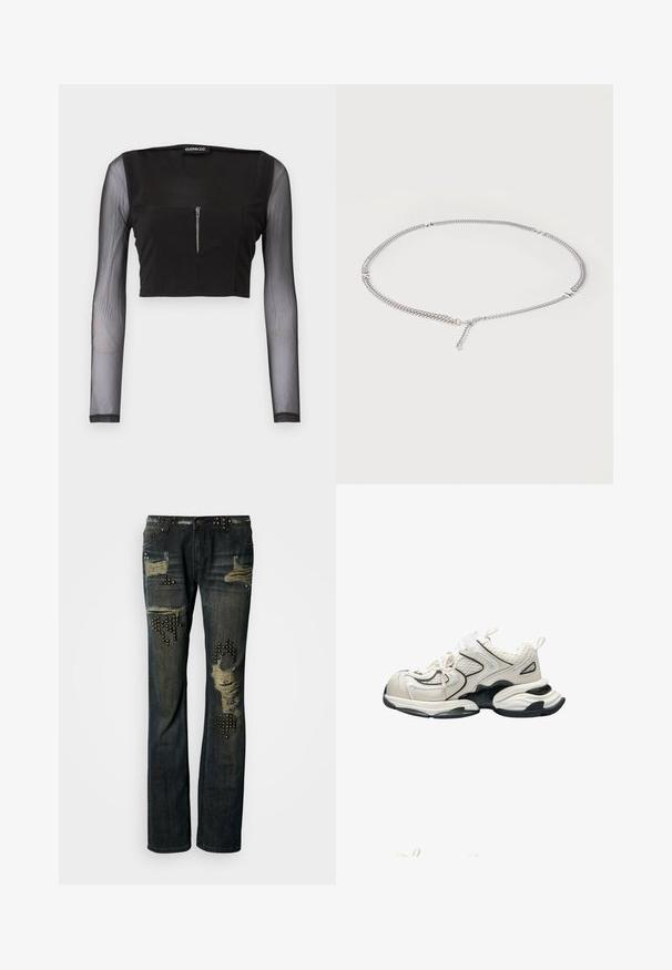 Sort crop top med firkantet halsudskæring, fremstillet i uigennemsigtigt stof med gennemsigtige lange ærmer. Frontlynlås tilføjer detalje til designet.; Mørkeblå denimjeans med slidte pletter, metalliske nitter på lommerne og en løs pasform. Har frynsete kanter og lukning med knapper.; Kraftig hvid og sort atletiksko med mesh-paneler, tyk sål og trækflapper på hæl og tunge, vist fra siden.; Sølvkædehalskæde med små rektangulære metalaccents jævnt fordelt og en justerbar lås på en hvid baggrund.