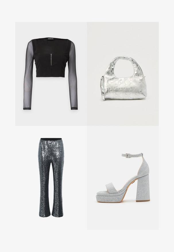 Sort crop top med firkantet halsudskæring, fremstillet i uigennemsigtigt stof med gennemsigtige lange ærmer. Frontlynlås tilføjer detalje til designet.; Sorte palazzo bukser med pailletter, let udvidet ben og elastisk talje, præsenteret mod en hvid baggrund.; Sølvglitrende platform-sandaler med en bred rem, justerbar ankelspænde og en chunky hæl. Har en glat, tekstureret overflade.; Sølvhåndtaske med et struktureret mønster af geometriske former og cirkler, der har et afrundet håndtag og en aftagelig rem.