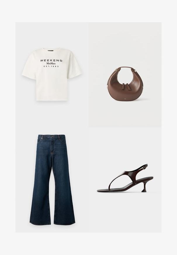 T-shirt blanc à manches courtes avec texte noir imprimé "WEEKEND MaxMara EST. 1983" centré sur le devant.; Jean large en denim bleu foncé, avec une taille haute, un design à cinq poches et des coutures orange contrastantes le long des coutures.; Sandale slingback en cuir verni marron foncé avec petit talon et bride entre les orteils sur fond blanc.; Sac à main en cuir marron en forme de croissant avec une poignée supérieure et deux curseurs de fermeture éclair, sur fond blanc.