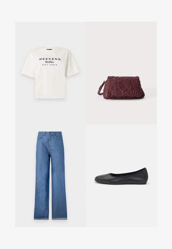 T-shirt blanc à manches courtes avec texte noir imprimé "WEEKEND MaxMara EST. 1983" centré sur le devant.; Jean bleu taille haute à jambes larges avec bouton sur le devant, fermeture éclair, poches avant et revers pliés.; Ballerines en cuir noir avec un bout rond, texture lisse, détails de couture minimalistes et design de semelle flexible.; Pochette en cuir texturé rouge foncé avec motifs de feuilles embossés et une bandoulière réglable sur un fond clair uni.
