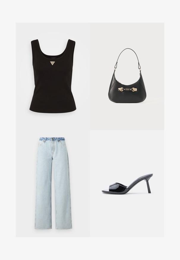 Top sin mangas negro de canalé con escote amplio y un pequeño logotipo triangular en tonos plateados en la parte central frontal. Diseño ajustado.; Jeans de pierna ancha azul claro con un lavado desvanecido, que presentan una cinturilla de mezclilla azul contrastante y un diseño tradicional de cinco bolsillos.; Sandalias de tacón con punta abierta de charol negro, con un diseño superior curvado y tacón de aguja cónico. Acabado liso y brillante.; Bolso de cuero negro con una silueta curvada, que cuenta con un asa superior, herrajes en tono dorado y una placa con el logo en el frente. Textura suave.