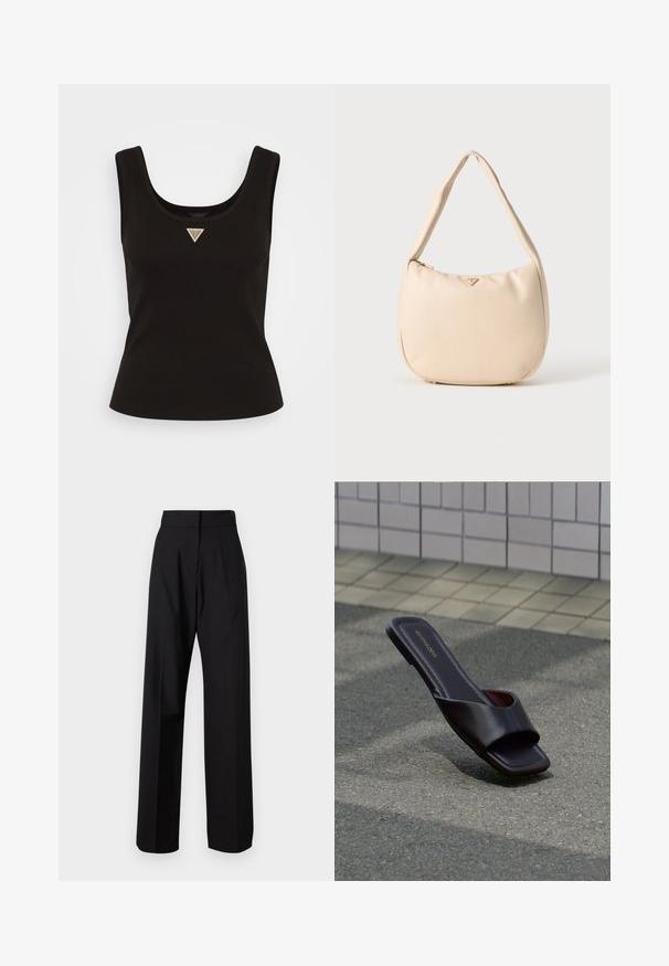 Schwarzes Rippentop mit Rundhalsausschnitt und einem kleinen dreieckigen Logo in silberfarbenen Akzenten auf der Vorderseite. Enganliegendes Design ohne Ärmel.; Schwarze, hoch taillierte Hose mit weitem Bein. Glattes Material, maßgeschneiderte Nähte und keine sichtbaren Beschläge oder Muster.; Dunkelbraune offene Sandale mit quadratischer Spitze und breitem Riemen, liegend auf grauem Asphalt neben gefliestem Bürgersteig.; Beige Hobo-Tasche aus glattem Synthetikmaterial, mit gebogener Form, einem einzigen Griff und einem dezenten Logo auf der Vorderseite. Mit Reißverschlussverschluss.